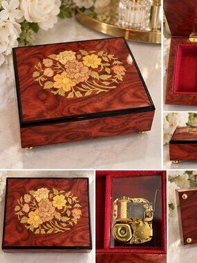 Ercolano Vintage Italian Music Jewelry Box Swan Lake Floral Inlay Red Velvet